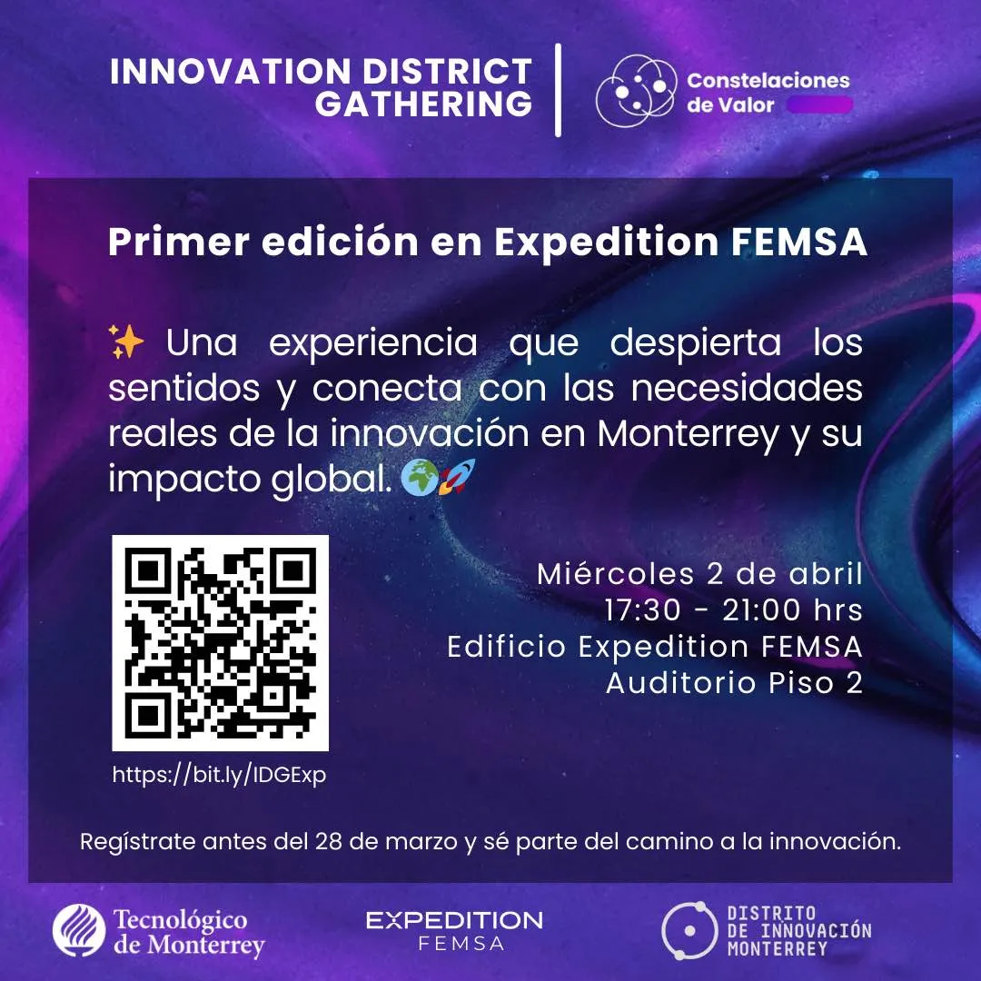 Invitación al evento 'Innovation District Gathering' el 2 de abril en Expedition FEMSA, con detalles de horario, registro y un código QR
